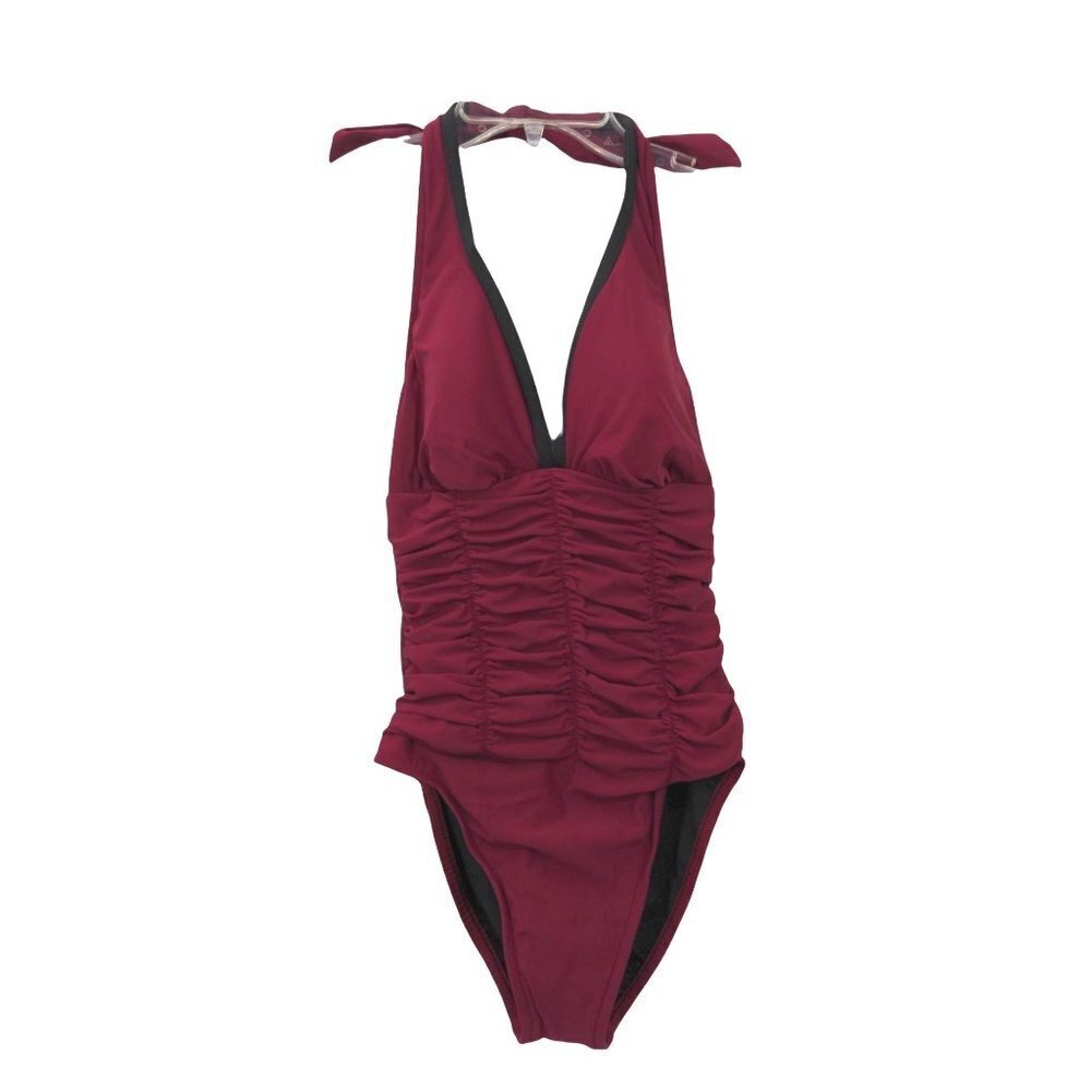 MagicSuit by Miraclesuit Swimsuit One Piece Womens 8 Plunge Halter Burgundy New